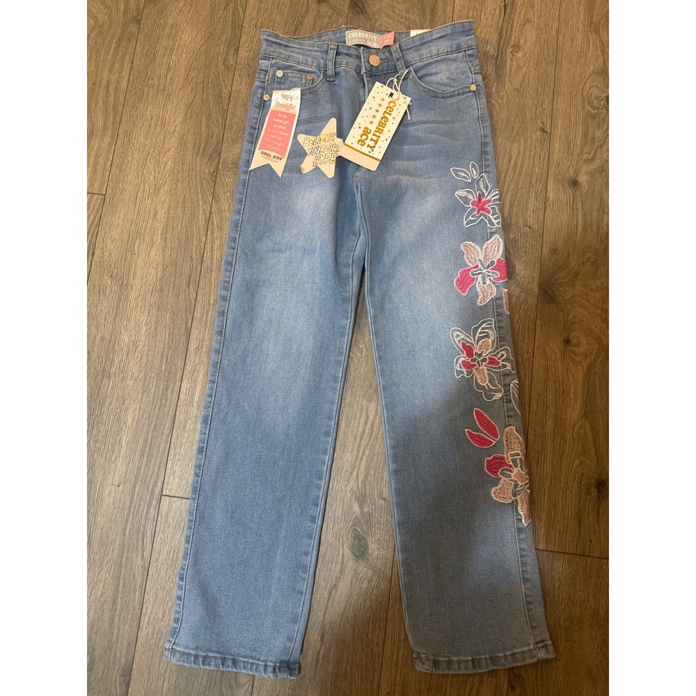 Celebrity Ace Girls 90s Straight Leg Jeans Light NWT Floral Embroidered Size 14 - Picture 7 of 10